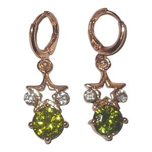 Rose Gold Tone Green Crystal Rhinestone Star Dangle Earrings 1.25"
